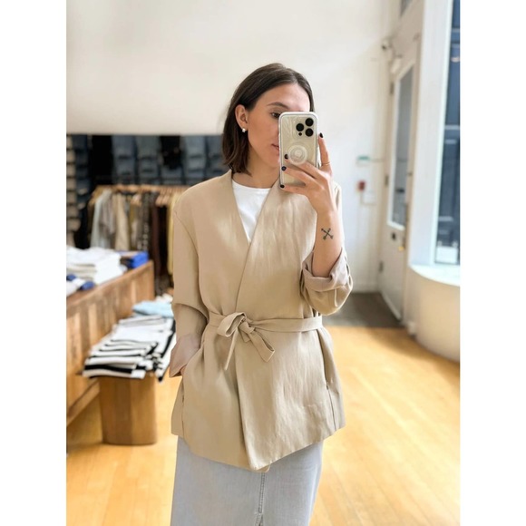 ENZA COSTA Twill Belted Jacket Womens Small Clay Tan Linen Blazer Wrap NEW - Picture 4 of 16